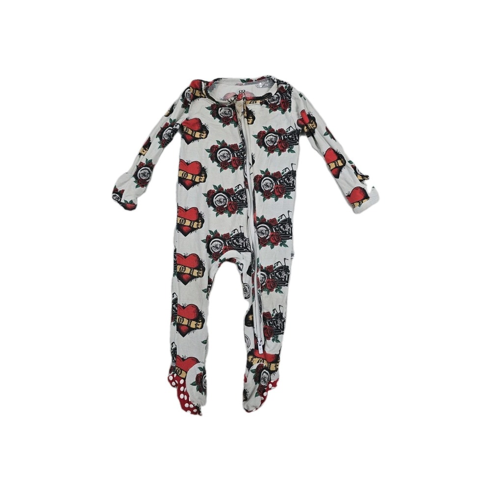 Bums & Roses Bamboo Viscose Motorcycle Tattoo Heart Footed Sleeper 3-6 Months